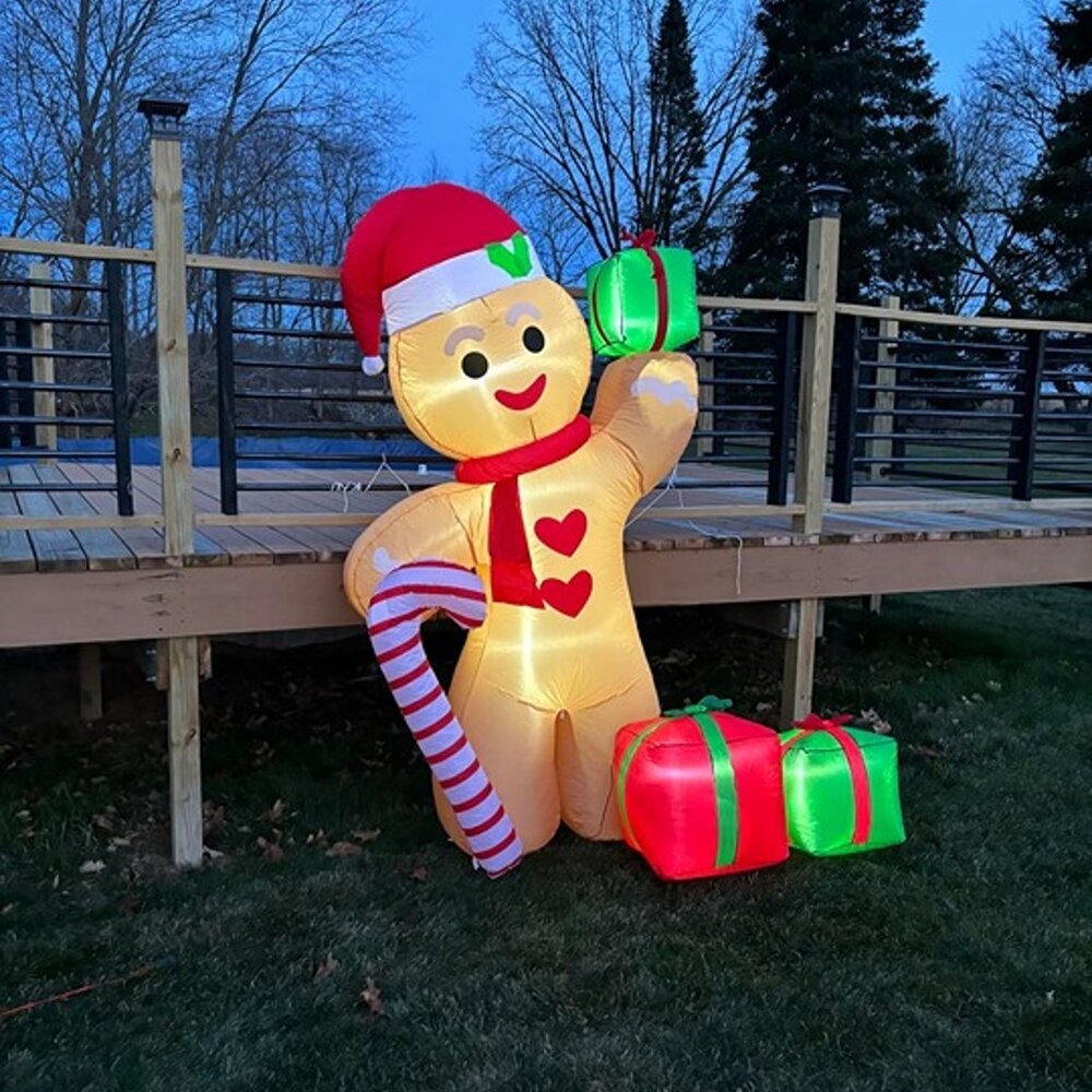 NEW  8FT Inflatable Gingerbread Man with Candy Cane and Three Gift Boxes - Picture 9 of 9